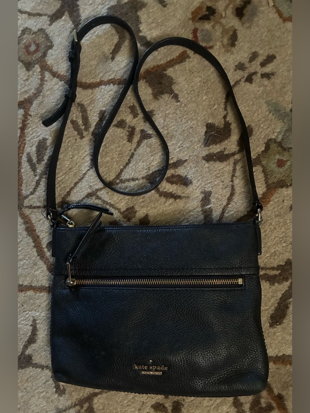 Kate Spade Black Leather Crossbody Bag with Striped Interior-EUC